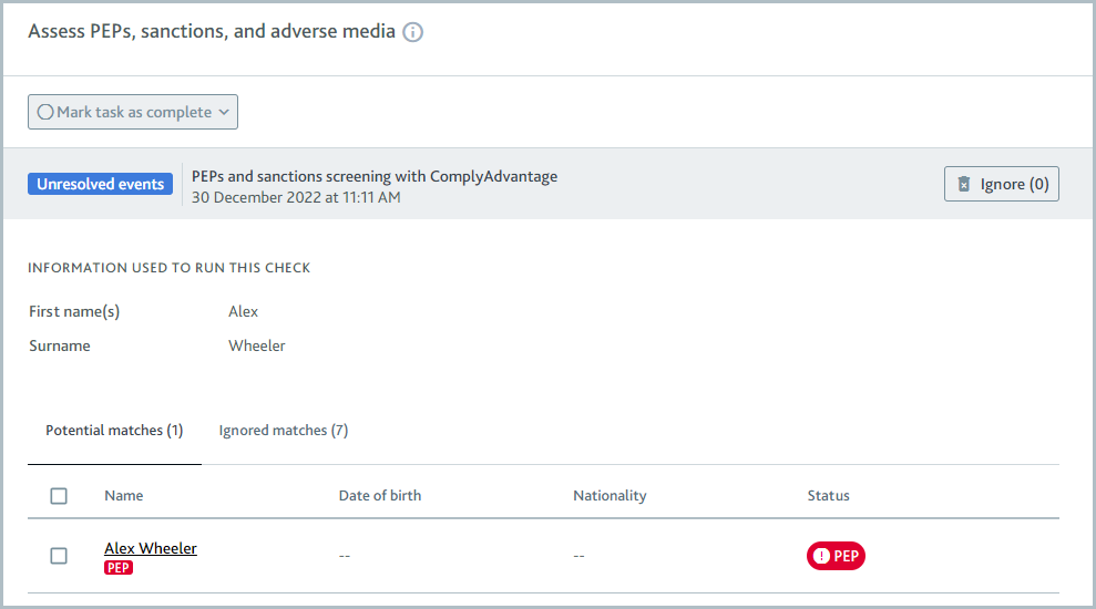 Assess PEPs, sanctions, and adverse media check results