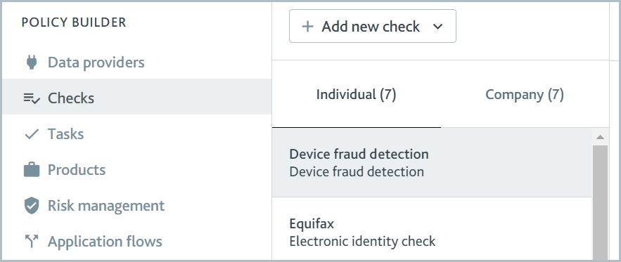 Checks menu option in the Policy Builder.