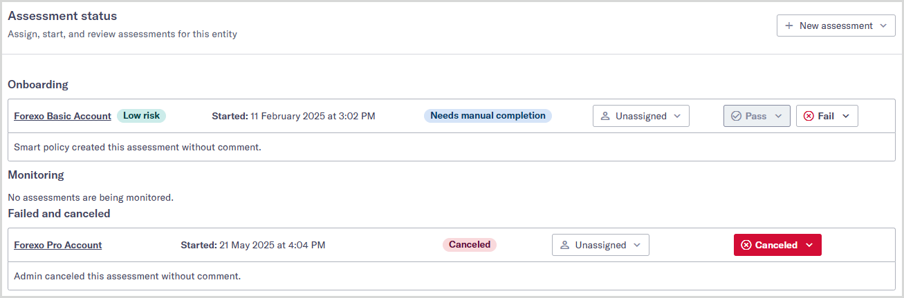 Assessment status page showing one assessment in the Onboarding section and one assessment in the Failed and canceled section.