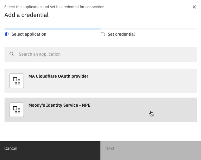 Moodys_Compliance_Screening_Agent_Known_issues_Connection_lost_2_Add_a_credential.png Select application of the Add a credential page in IBM watsonx Orchestrate