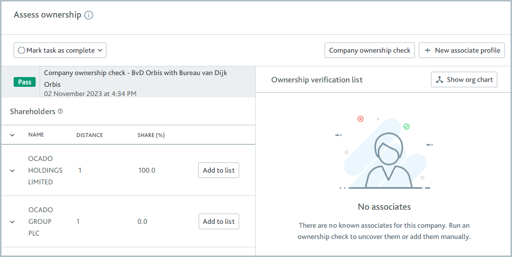 Assess company ownership task with a completed company ownership check.