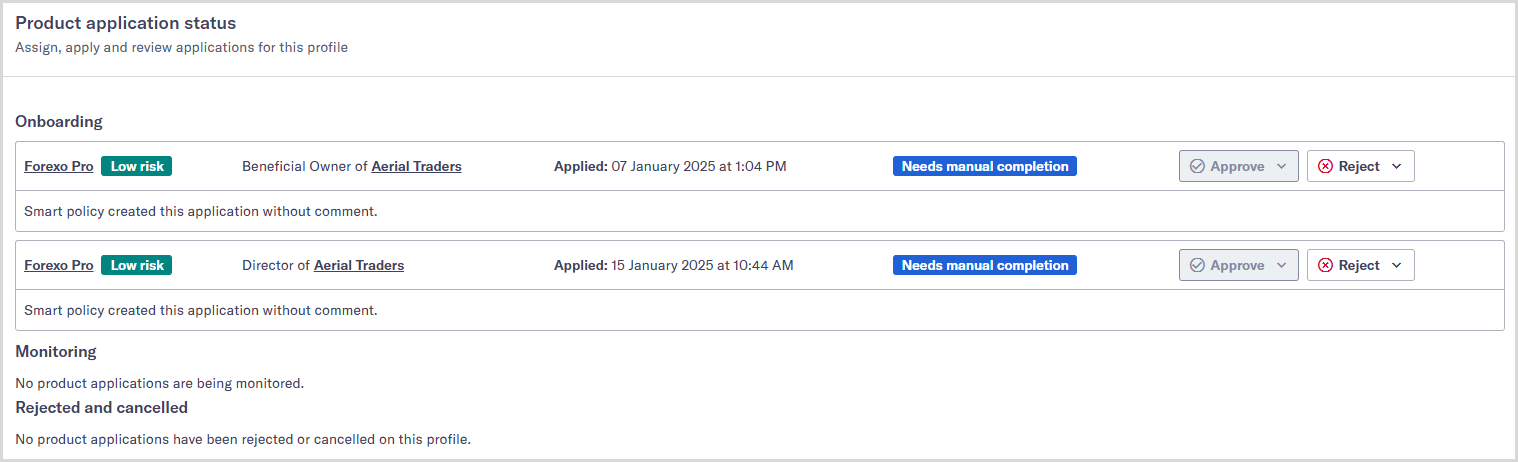 Product application approval status for a company associate.