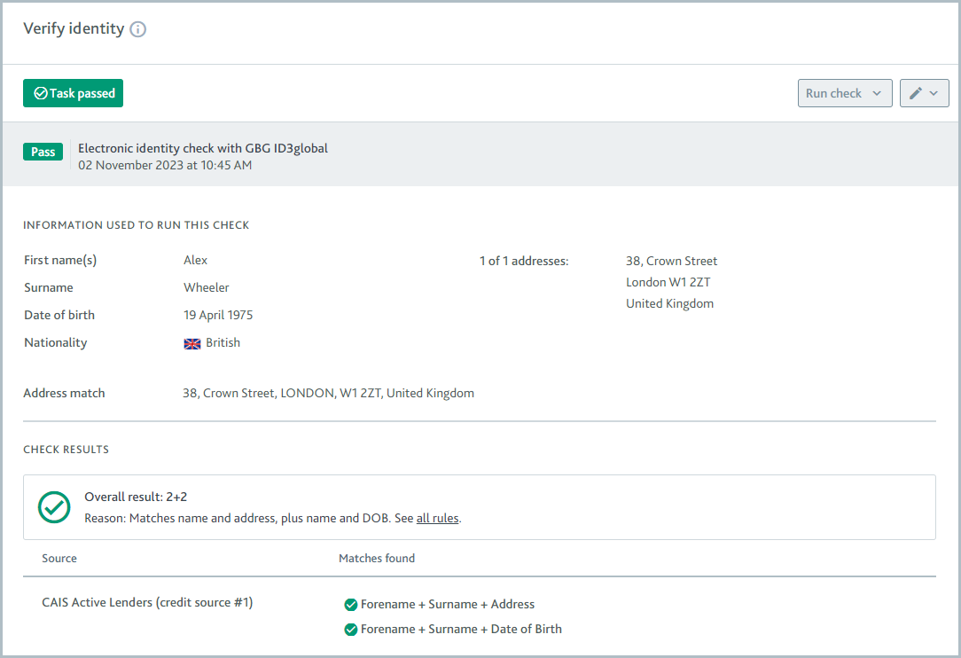 Verify identity task for an individual