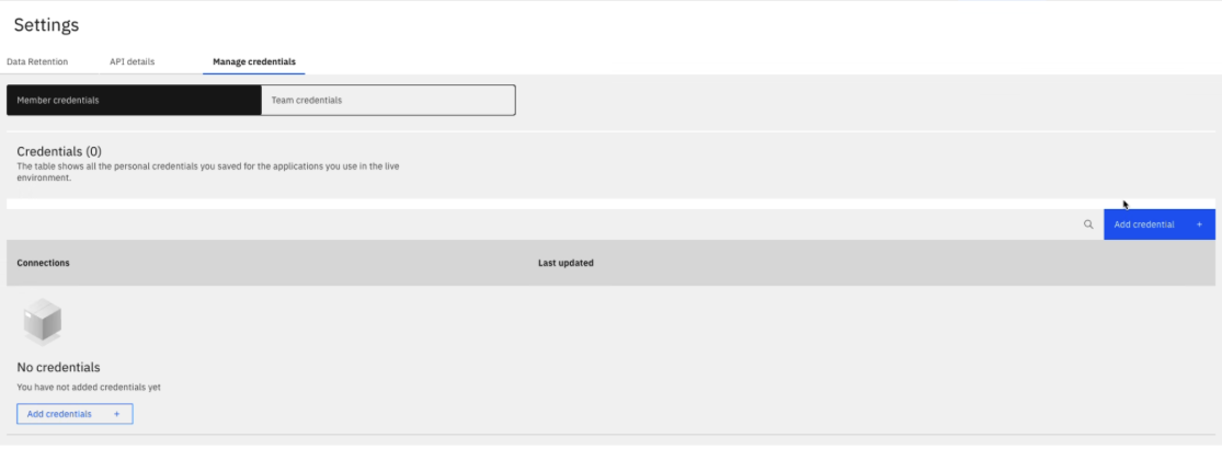 Moodys_Compliance_Screening_Agent_Known_issues_Connection_lost_1_Manage_credentials.png Manage credentials tab of the Settings page in IBM watsonx Orchestrate