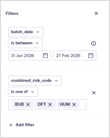 Grid_Reporting_Filter_Options.png A close-up of the Filters menu showing the column selector, operator, and values for filters.